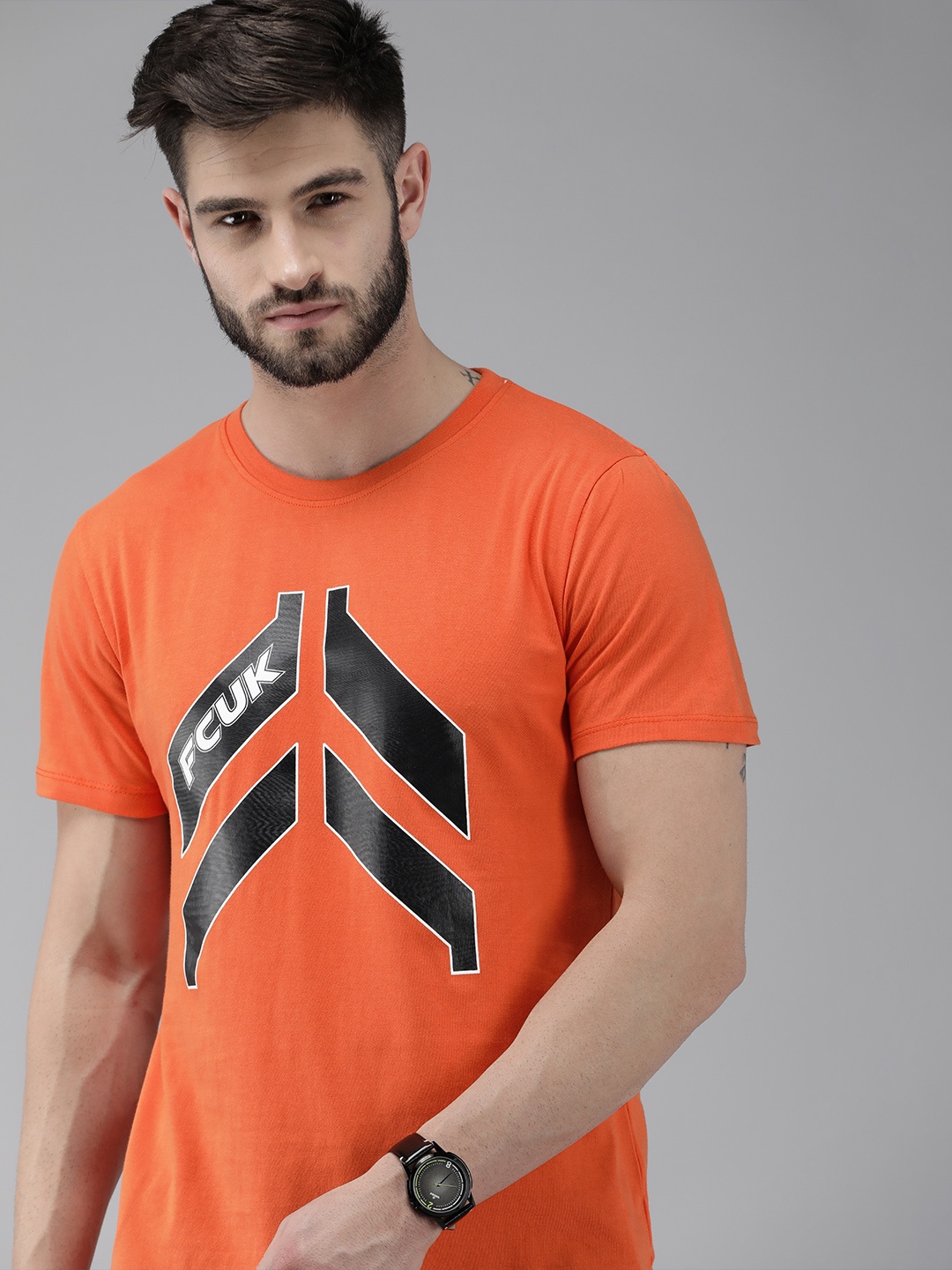 

French Connection Men Orange & Black Printed Slim Fit Pure Cotton T-shirt