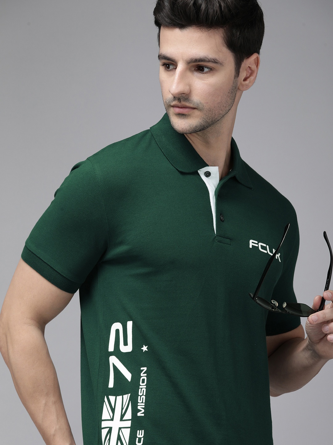 

French Connection Men Green Typography Printed Polo Collar Slim Fit T-shirt