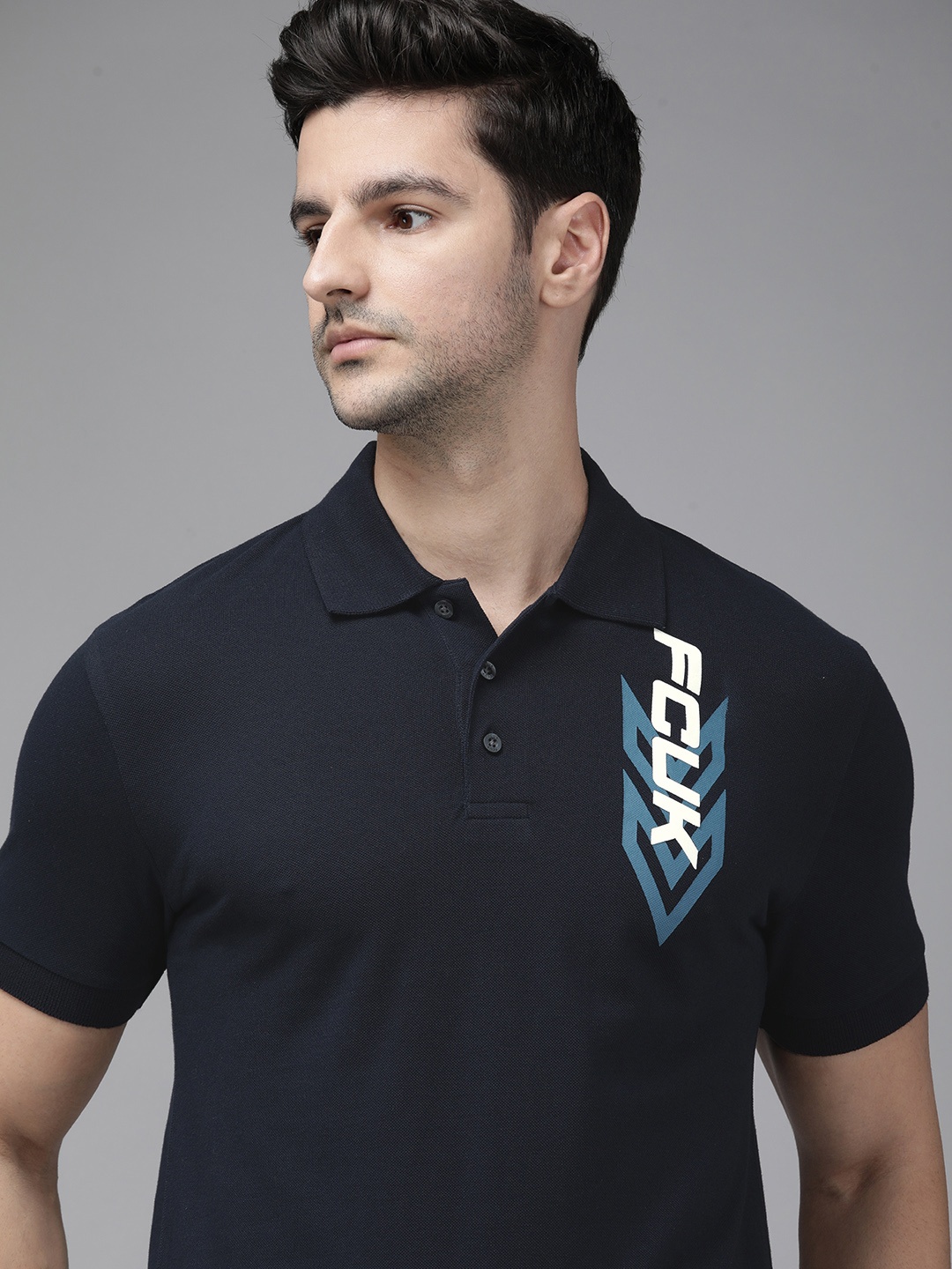 

French Connection Men Navy Blue Brand Logo Printed Polo Collar Slim Fit T-shirt