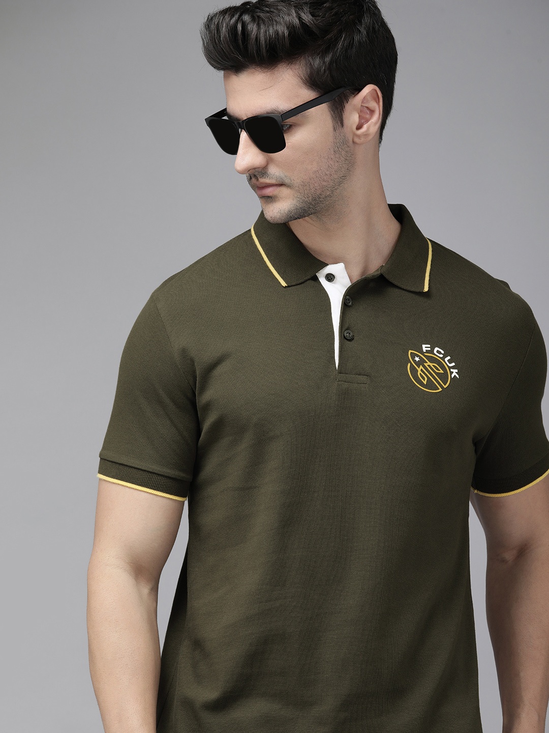 

French Connection Men Olive Green & Yellow Printed Polo Collar T-shirt