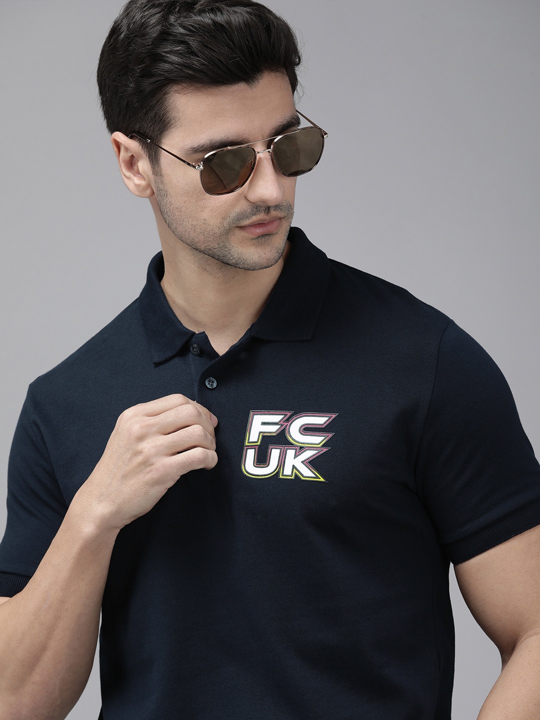 

French Connection Men Navy Blue & White Printed Polo Collar T-shirt