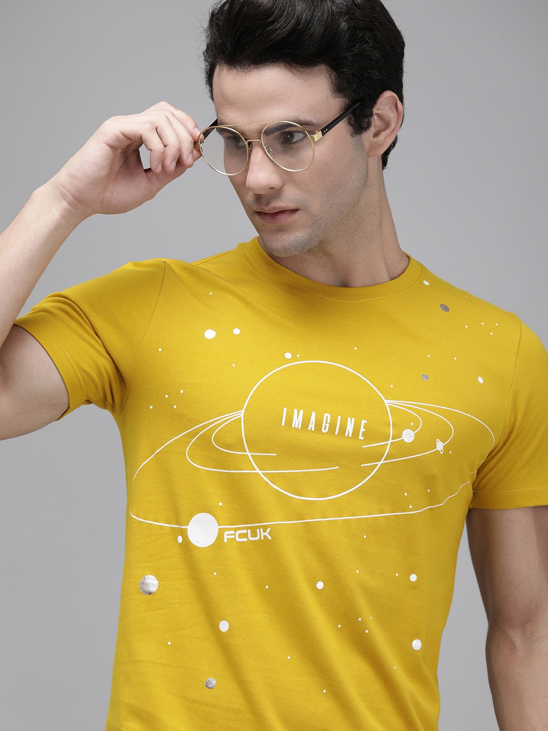 

French Connection Men Yellow Printed Pure Cotton T-shirt