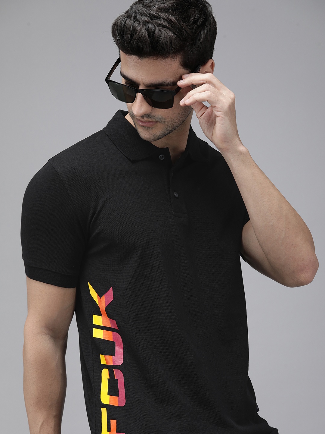 

French Connection Men Black & Yellow Printed Polo Collar T-shirt