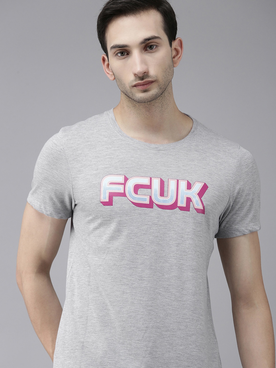 

French Connection Men Grey Melange &Pink Printed Slim Fit Pure Cotton T-shirt