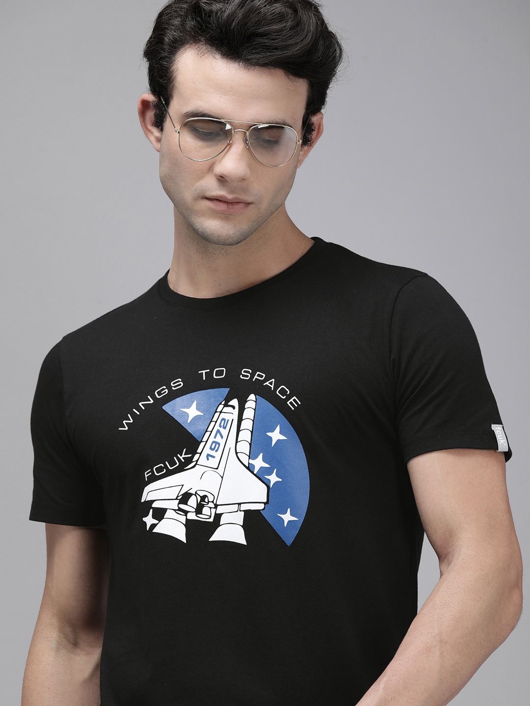 

French Connection Men Black Printed Pure Cotton T-shirt