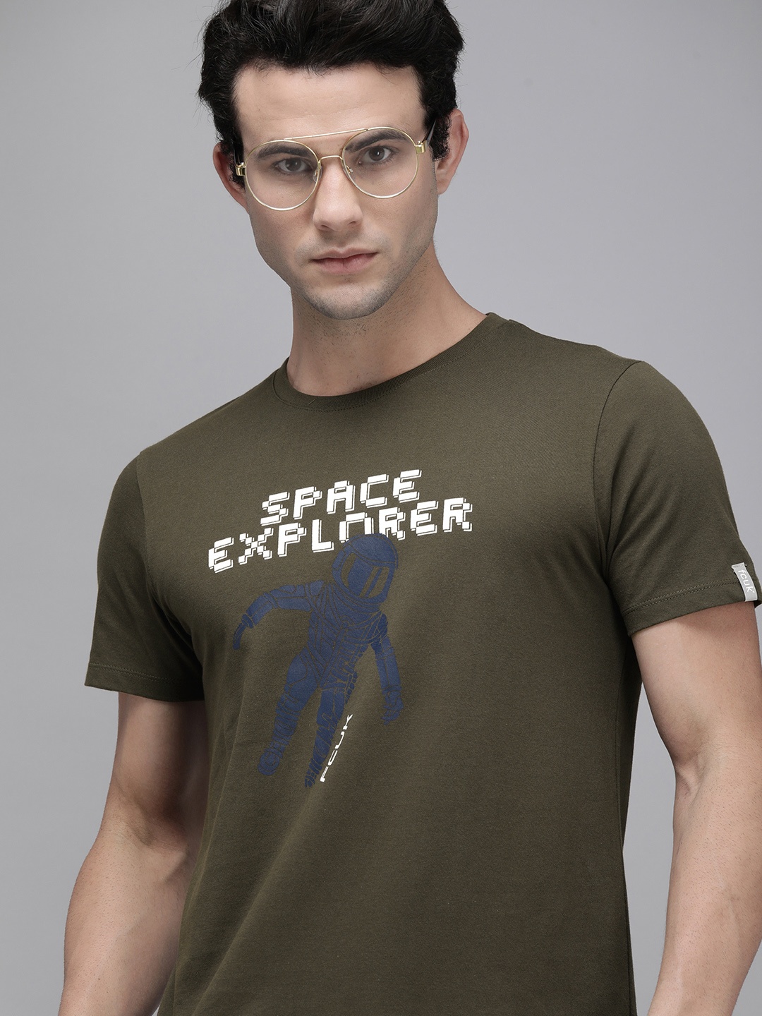 

French Connection Men Olive Green Typography Printed Pure Cotton T-shirt