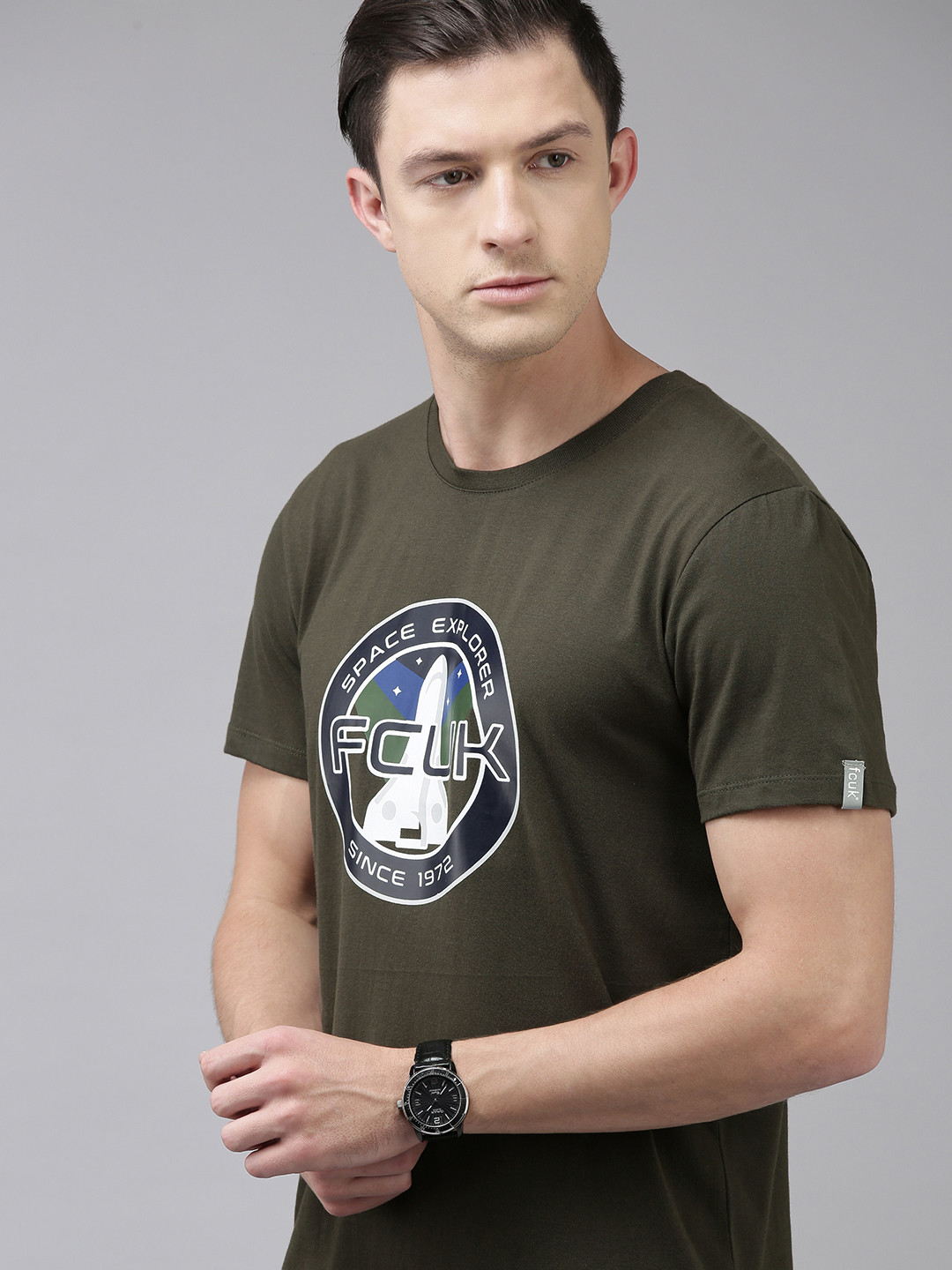 

French Connection Men Olive Green & Blue Printed T-shirt