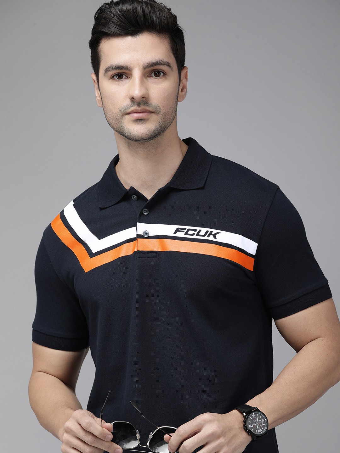 

French Connection Men Navy Blue Printed Polo Collar Slim Fit T-shirt