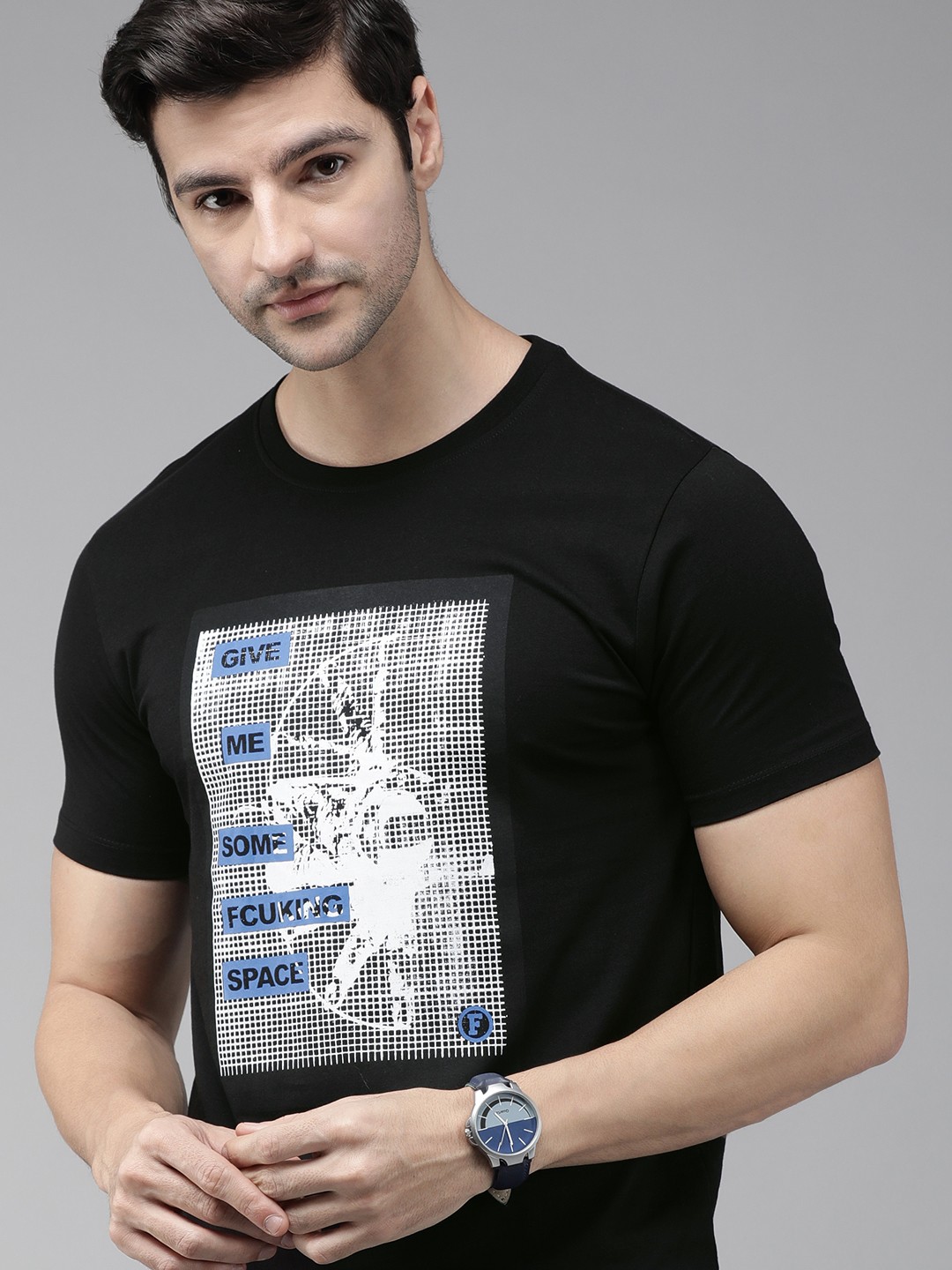 

French Connection Men Black & White Printed Slim Fit T-shirt