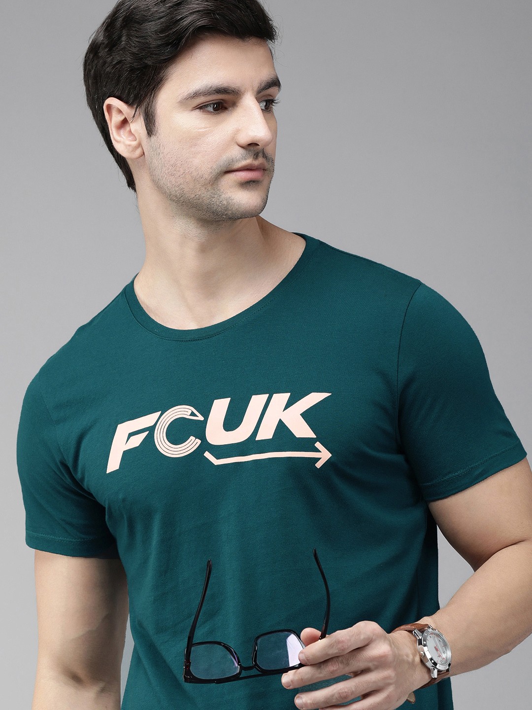 

French Connection Men Teal Typography Printed Pure Cotton Slim Fit T-shirt