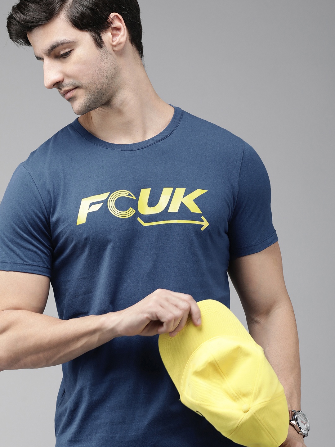 

French Connection Men Blue Typography Printed Pure Cotton Slim Fit T-shirt