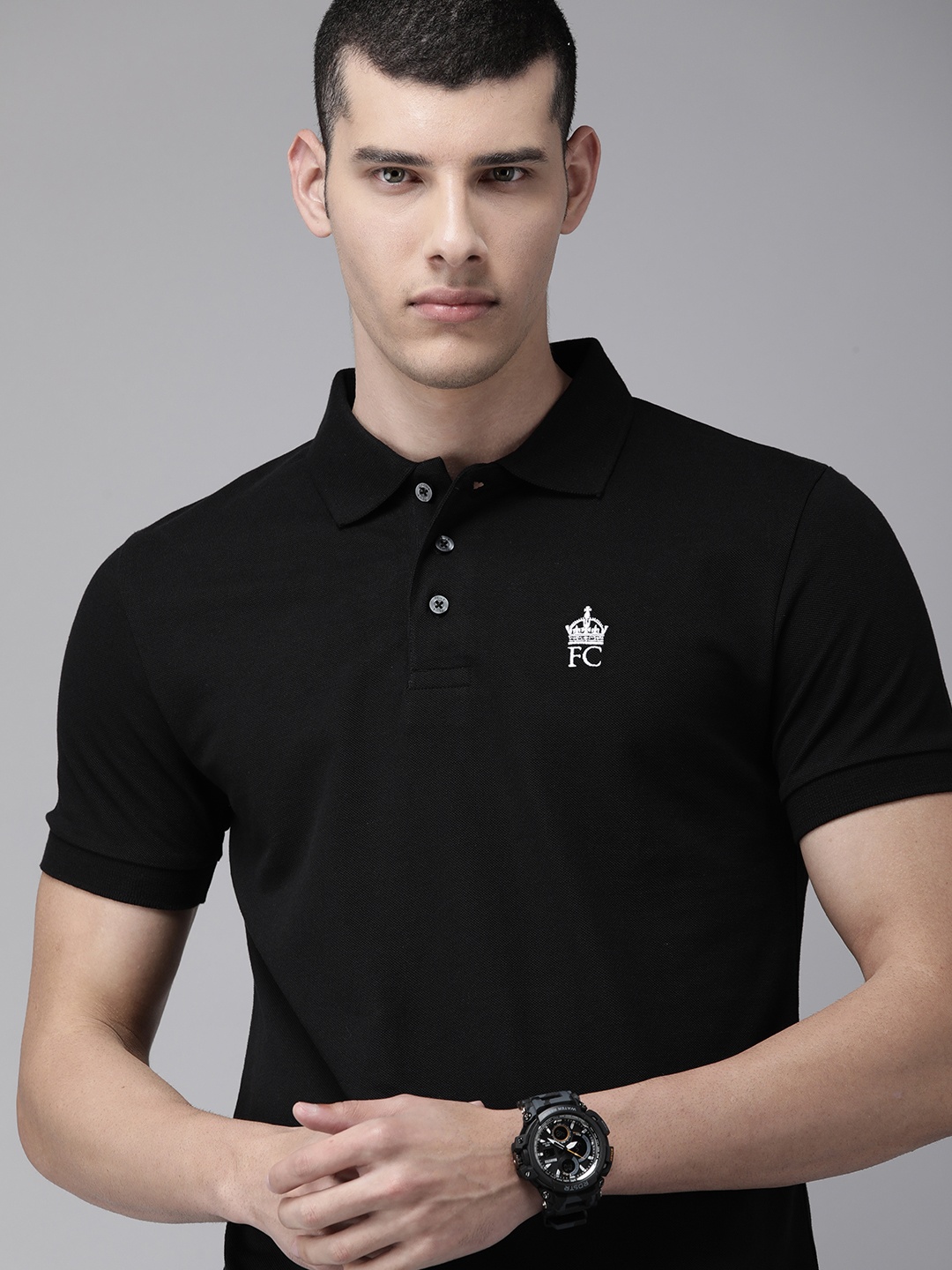 

French Connection Men Black Polo Collar Pure Cotton Slim Fit T-shirt With Small Logo Print