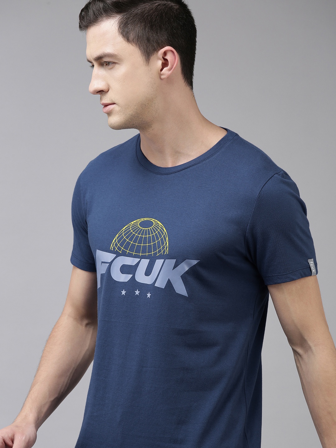 

French Connection Men Blue Conversational Printed Slim Fit Pure Cotton T-shirt
