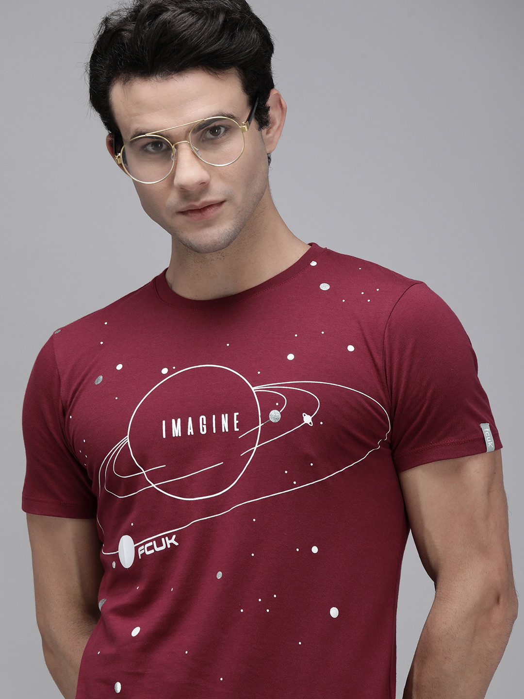 

French Connection Men Maroon Printed Pure Cotton T-shirt