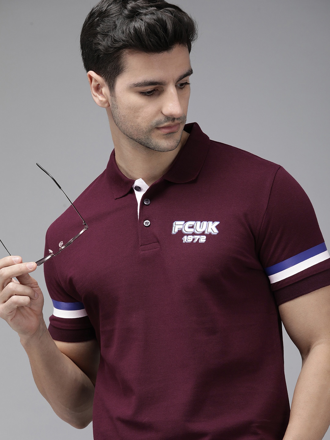 

French Connection Men Maroon & White Printed Polo Collar T-shirt
