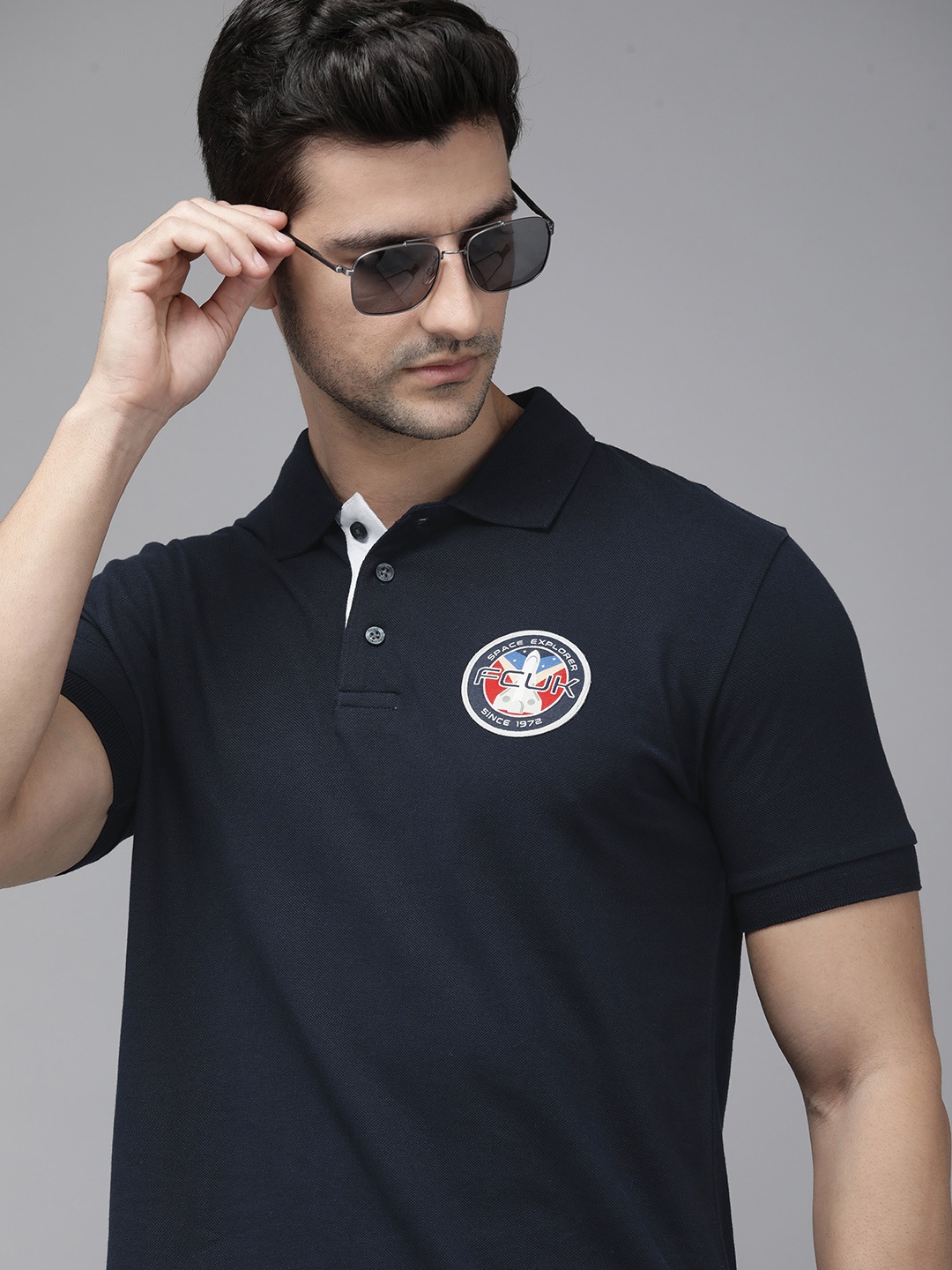 

French Connection Men Navy Blue Polo Collar Slim Fit T-shirt