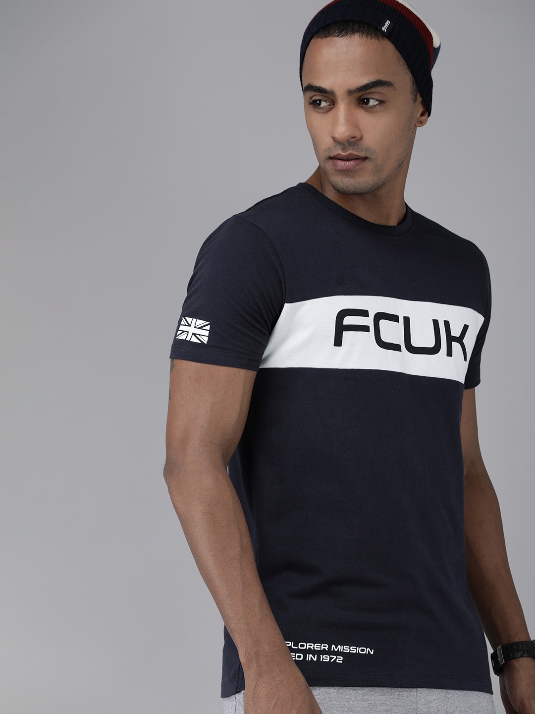 

French Connection Men Navy Blue & White Printed Slim Fit Pure Cotton T-shirt