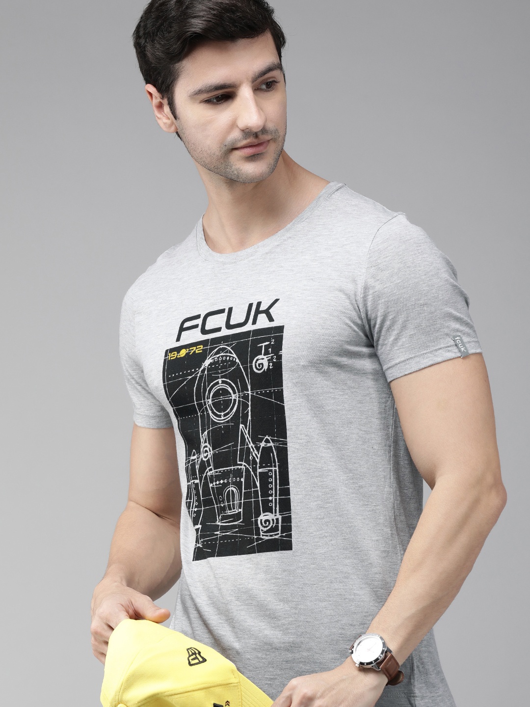 

French Connection Men Grey Melange Graphic Printed Pure Cotton Slim Fit T-shirt