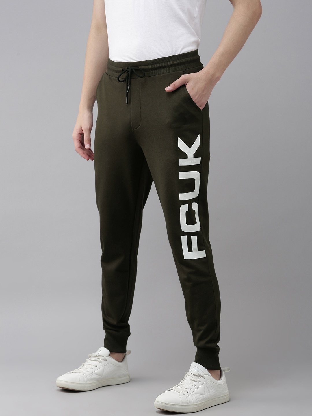 

French Connection Men Olive Green Brand Logo Printed Slim Fit Joggers
