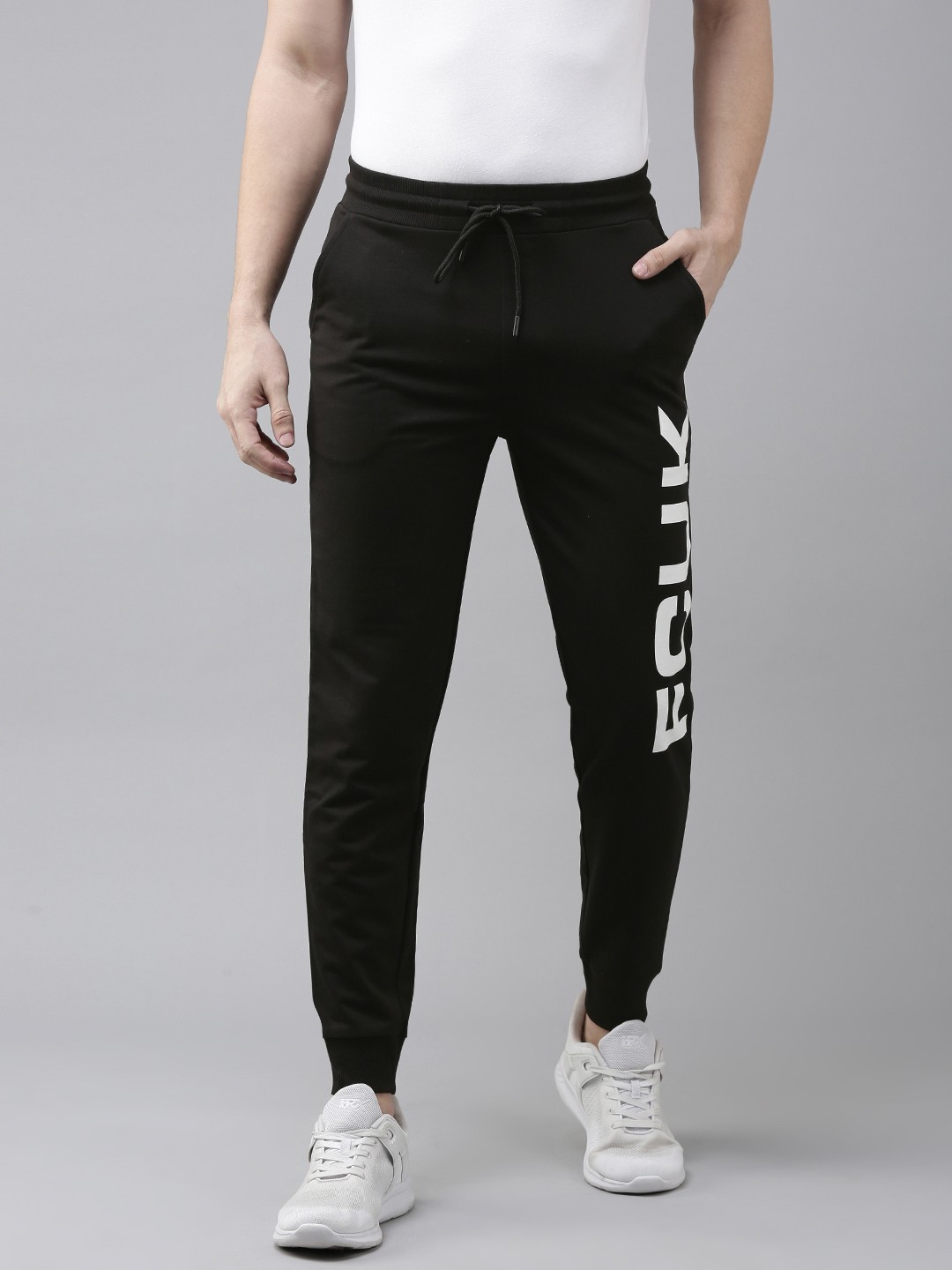 

French Connection Men Black Brand Logo Printed Mid-Rise Joggers