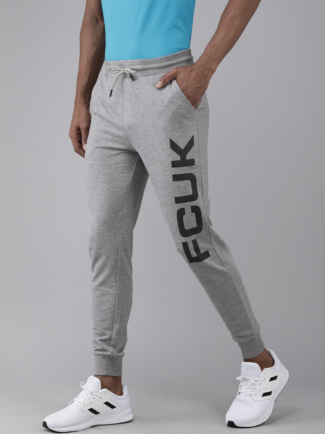 

French Connection Men Grey Melange Logo Printed Slim Fit Joggers