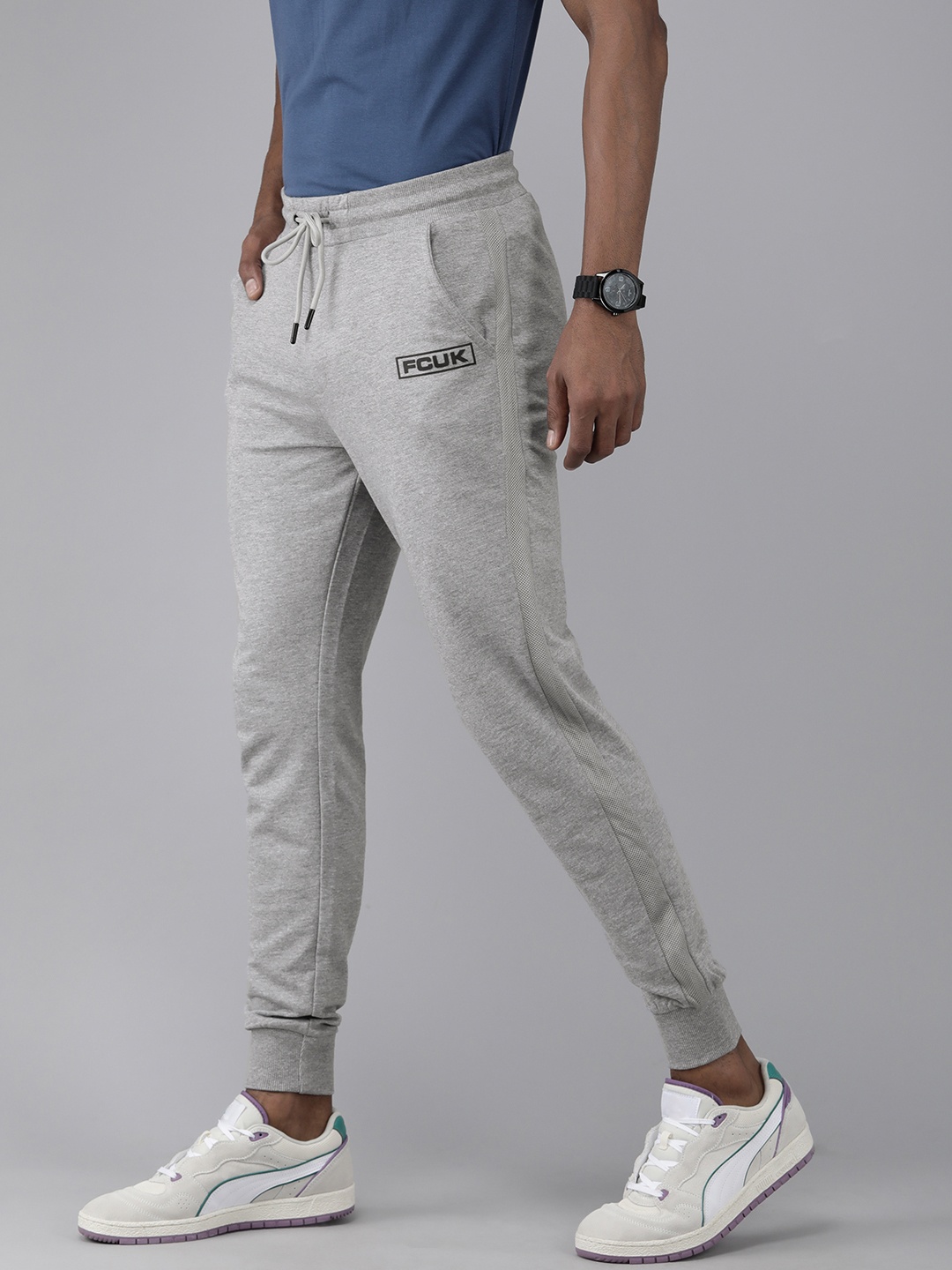 

French Connection Men Grey Melange Logo Printed Slim Fit Joggers