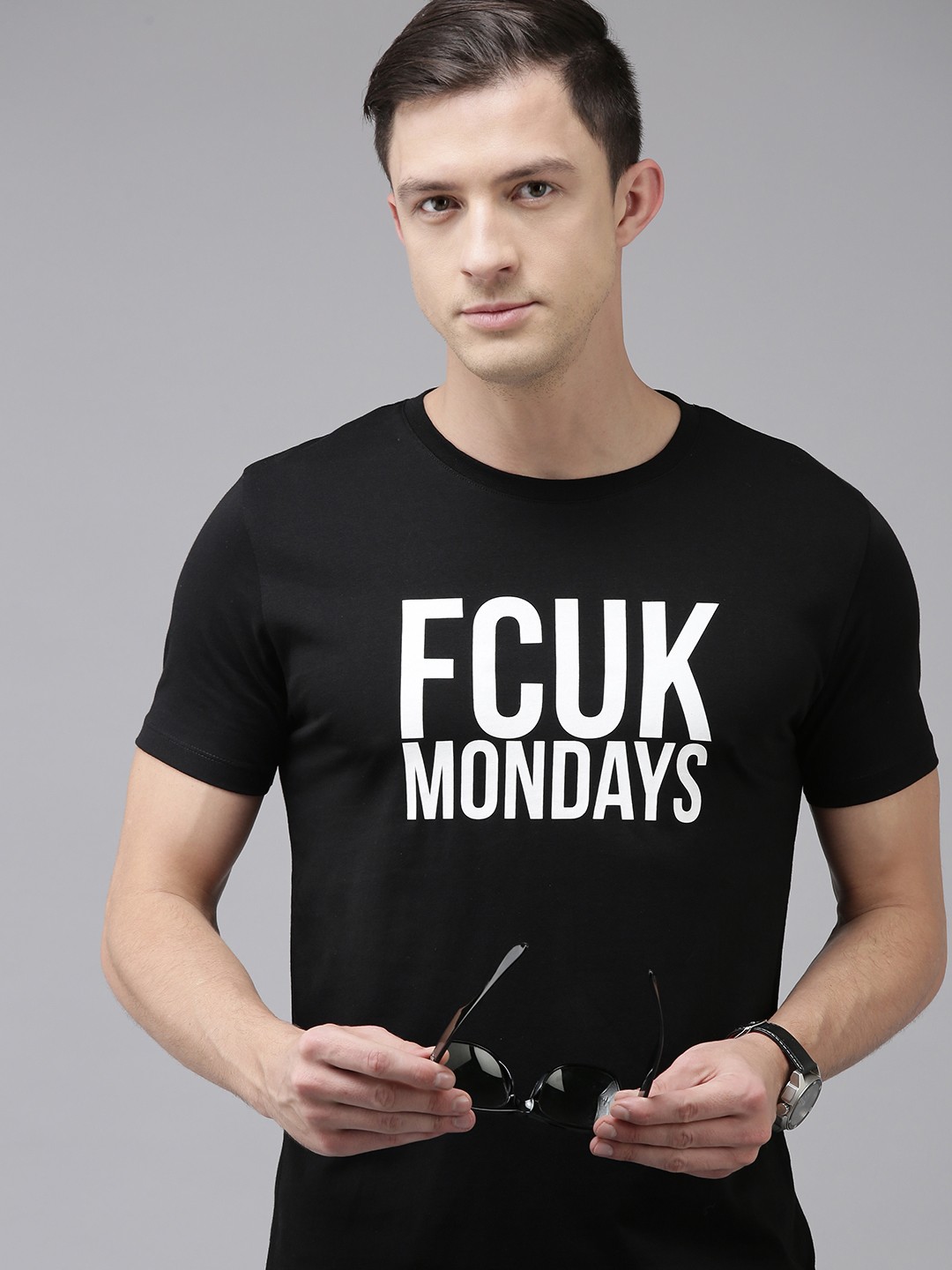 

French Connection Men Black Typography Printed Slim Fit Pure Cotton T-shirt