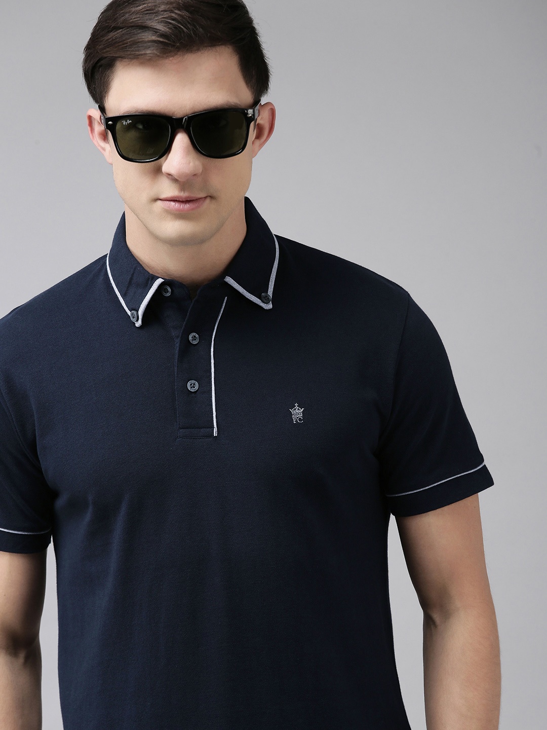 

French Connection Men Navy Blue Polo Collar Slim Fit T-shirt