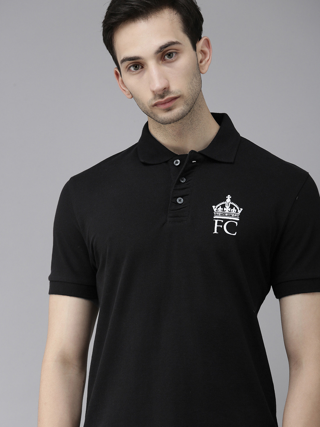 

French Connection Men Black & White Embroidered Slim Fit Polo Collar T-shirt