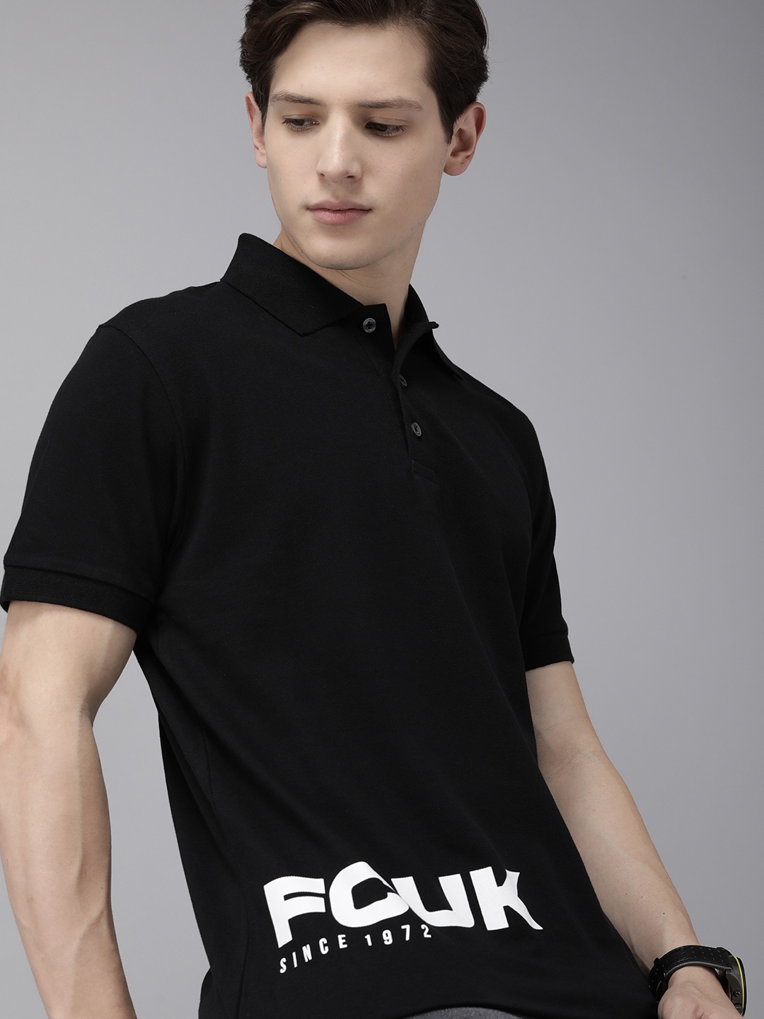 

French Connection Men Black Typography Printed Polo Collar Pure Cotton Slim Fit T-shirt
