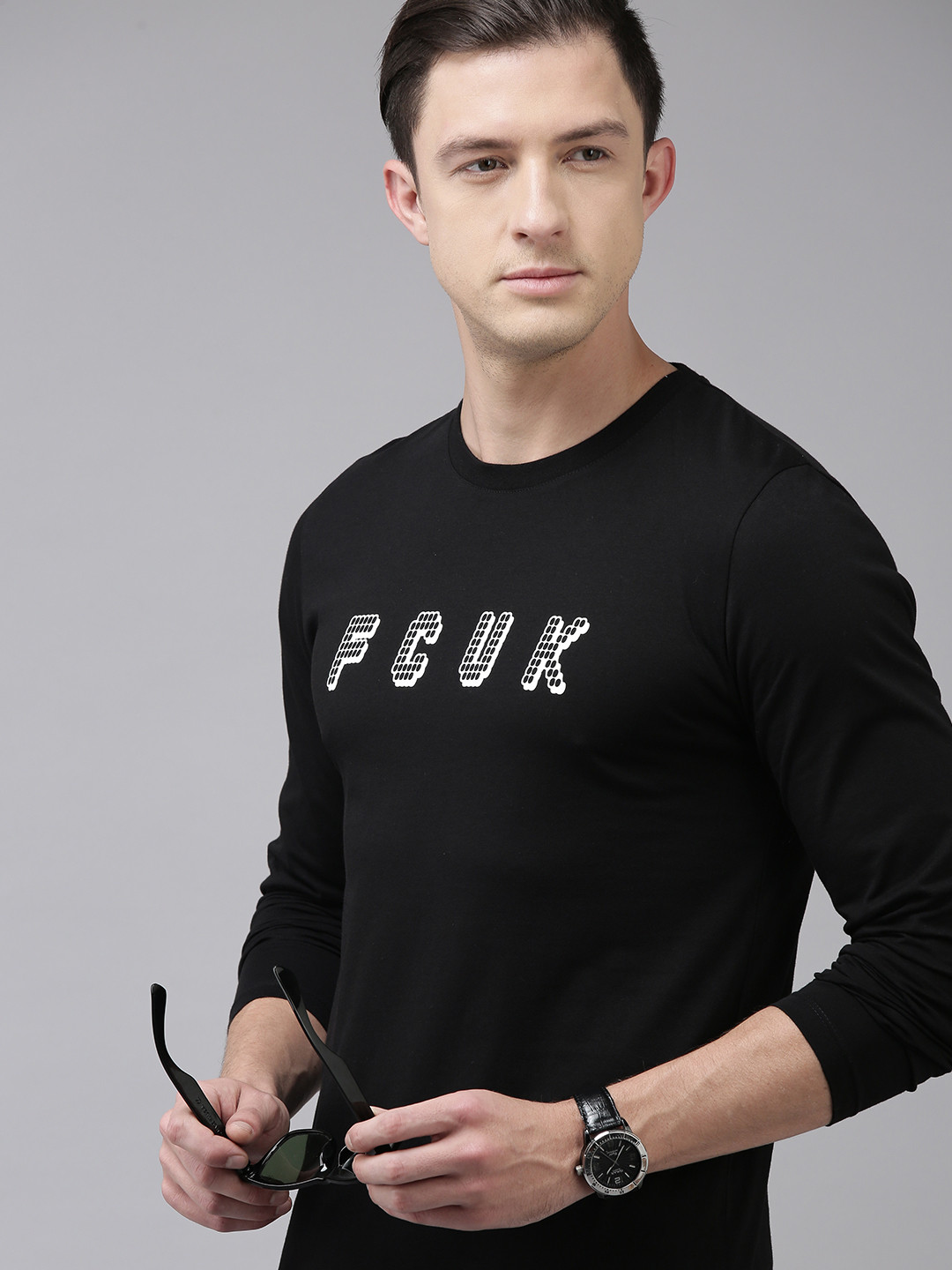 

French Connection Men Black Typography Printed Slim Fit Pure Cotton T-shirt