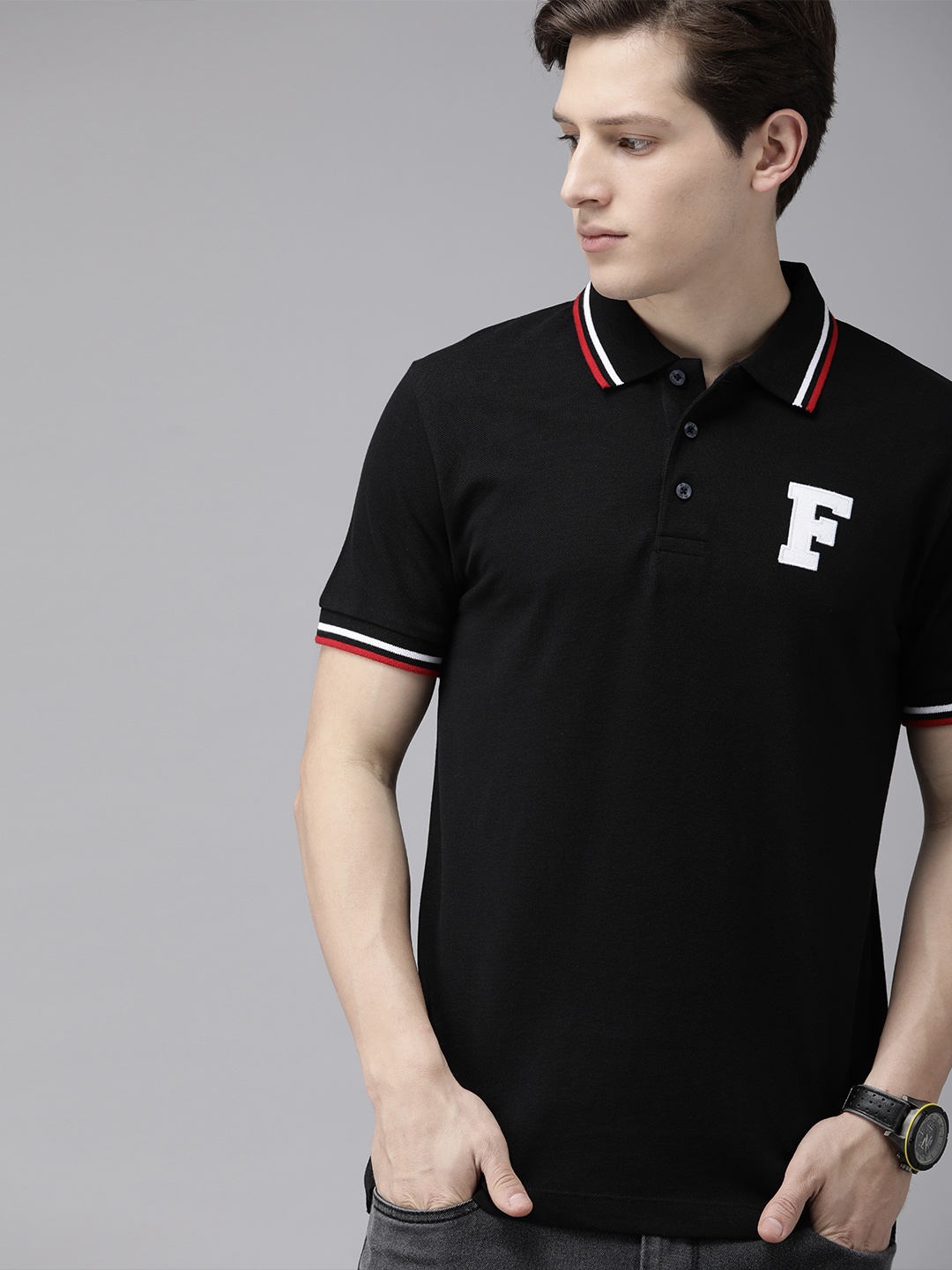 

French Connection Men Black Polo Collar Slim Fit T-shirt