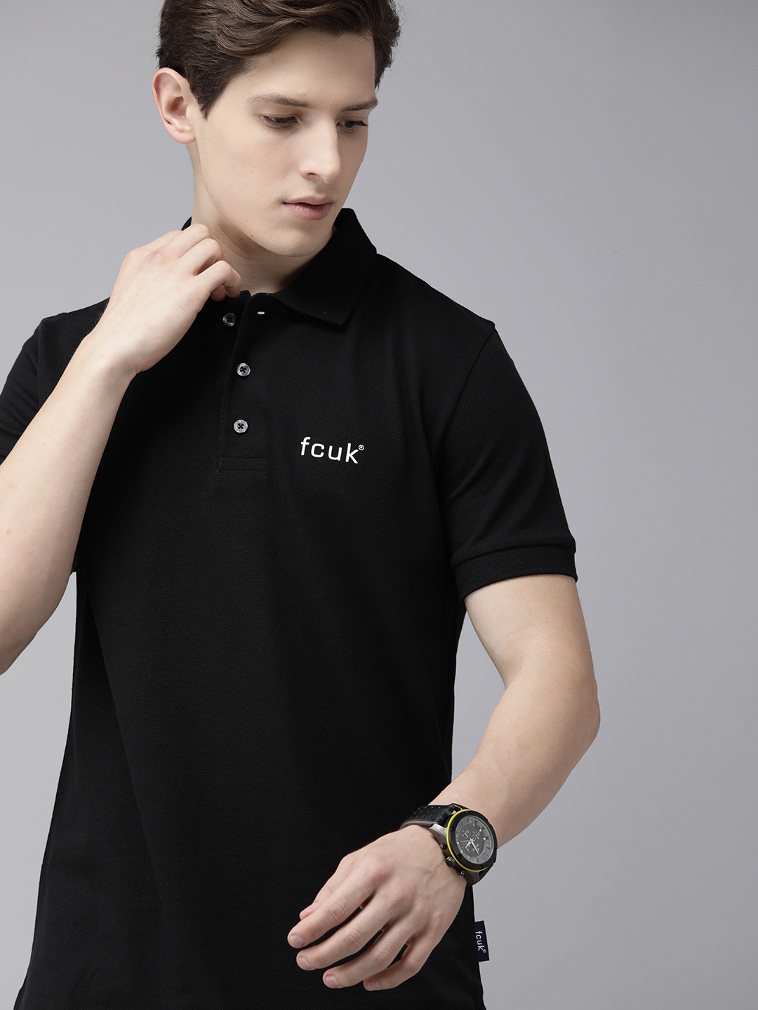 

French Connection Men Black Brand Logo Printed Polo Collar Pure Cotton Slim Fit T-shirt