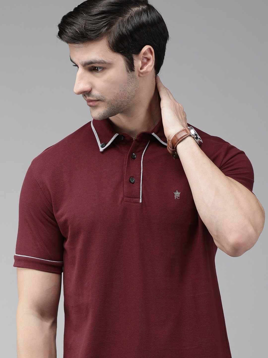 

French Connection Men Burgundy Polo Collar Slim Fit T-shirt