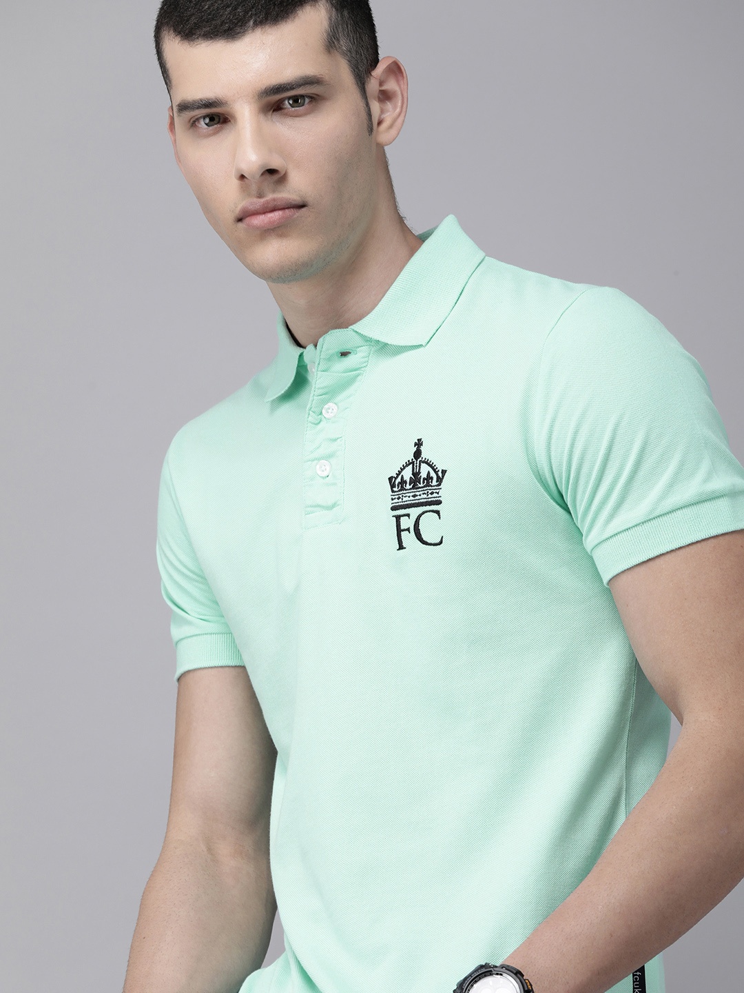

French Connection Men Light Blue Brand Logo Printed Polo Collar Slim Fit T-shirt