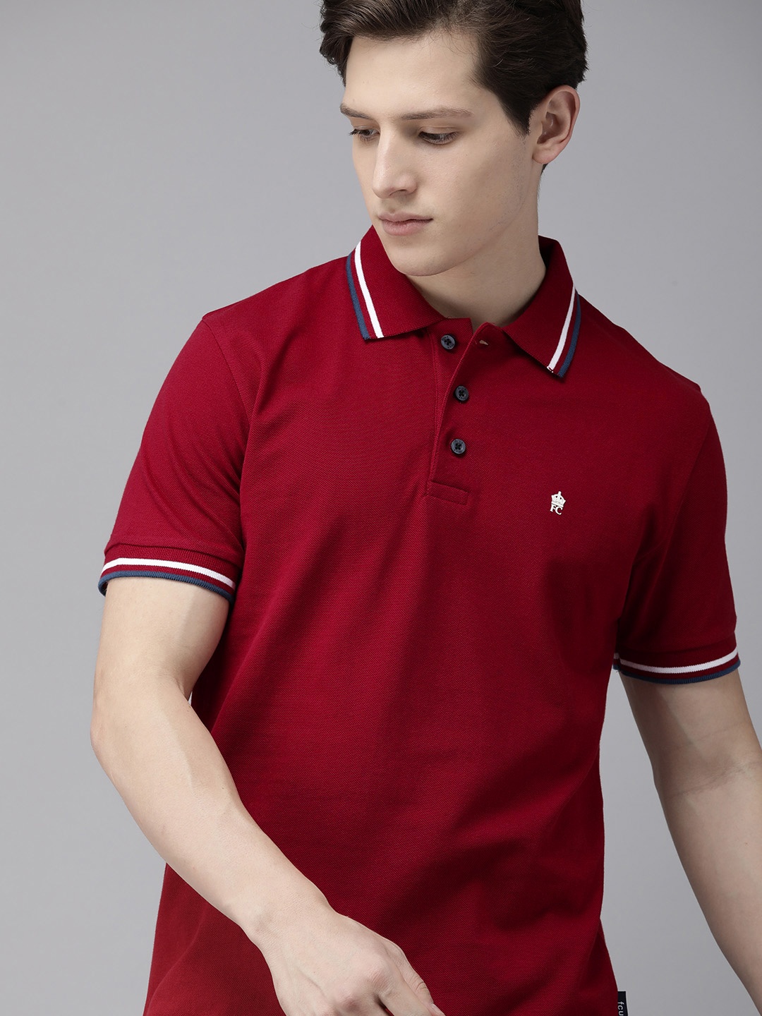 

French Connection Men Red Polo Collar Pure Cotton Slim Fit T-shirt With Small Logo Print