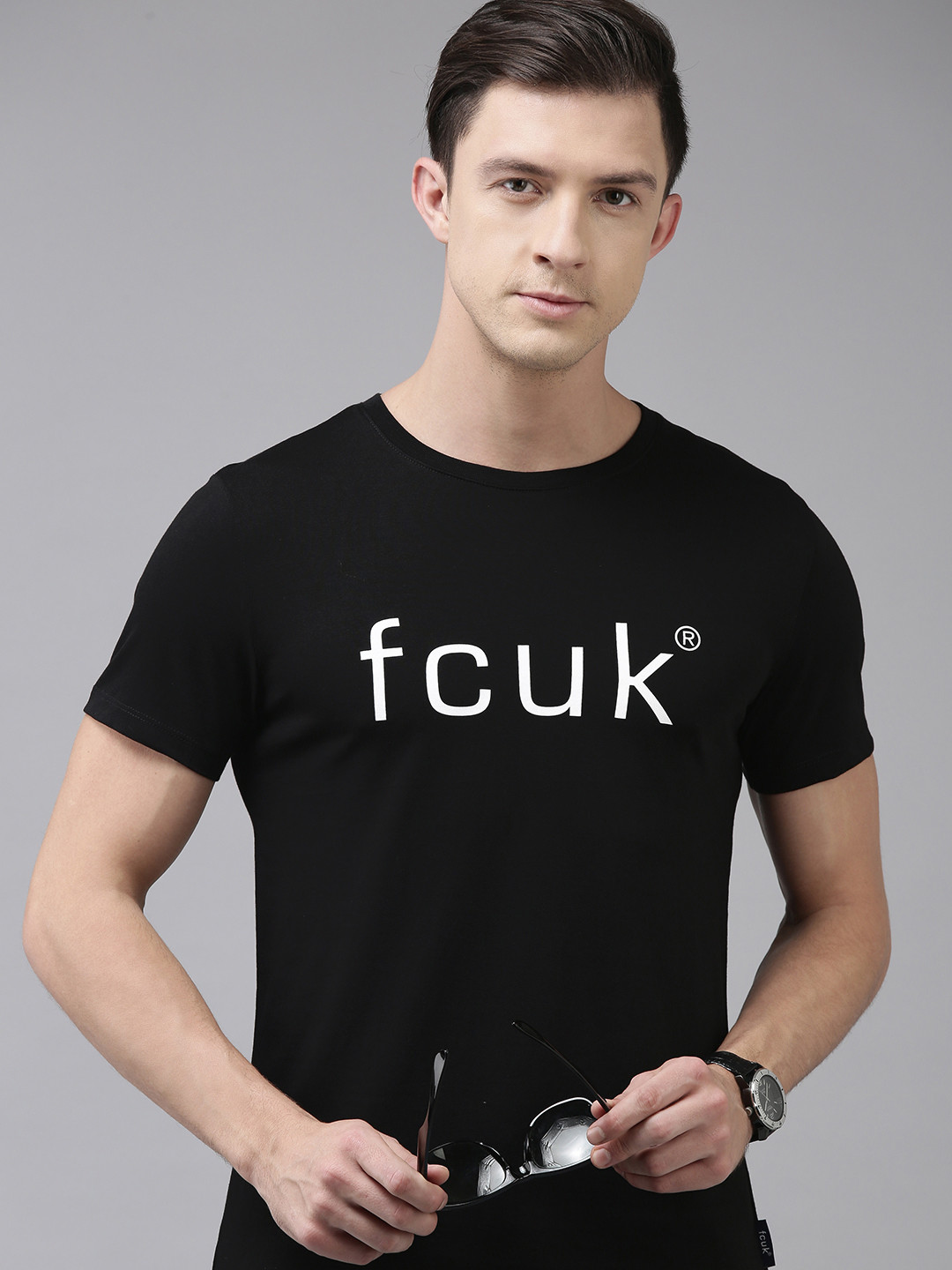 

French Connection Men Black & White Printed T-shirt