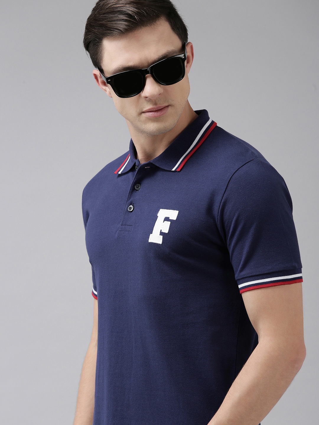 

French Connection Men Navy Blue Printed Pure Cotton Polo T-shirt With Contrast Details