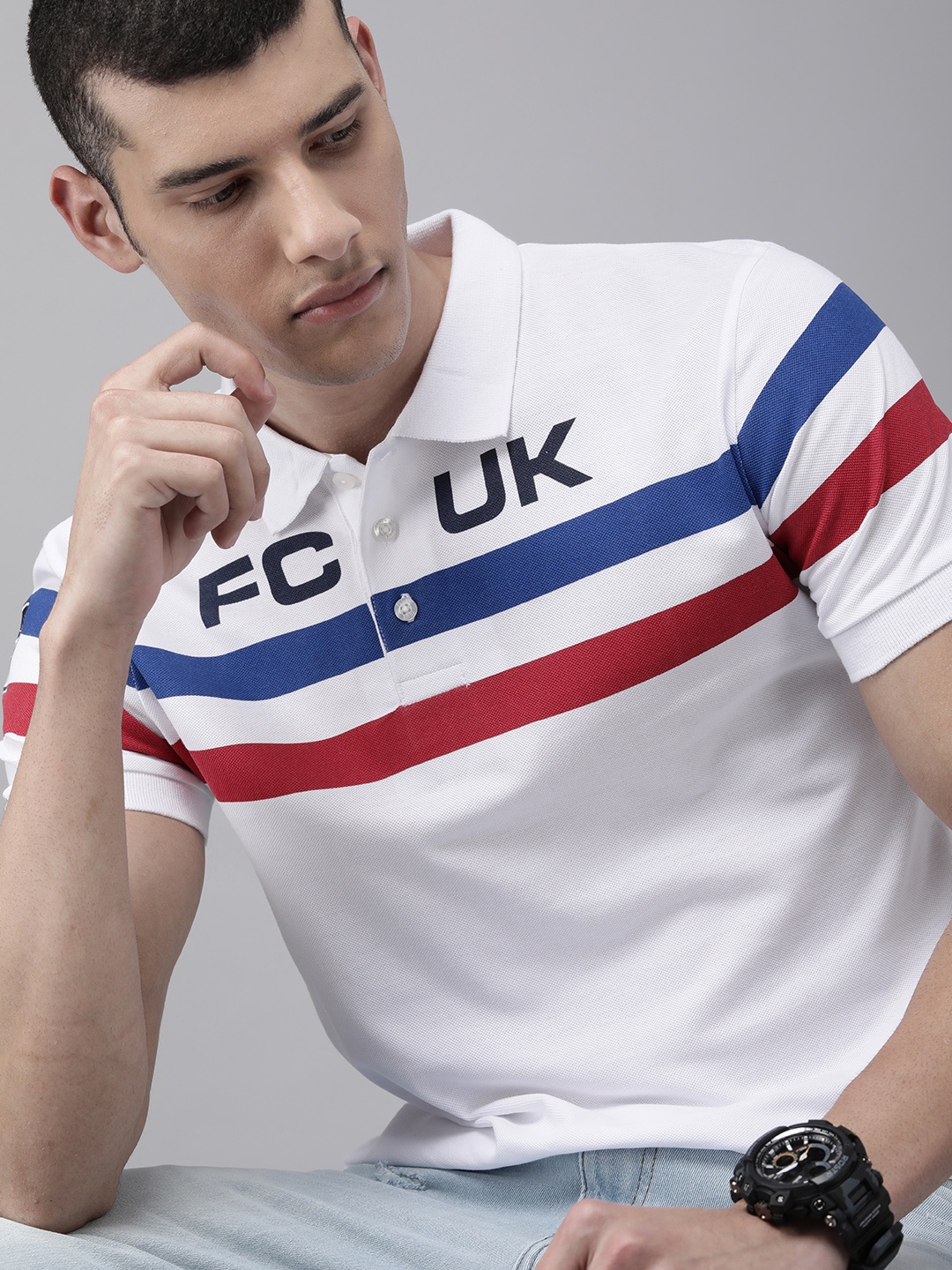 

French Connection Men White Striped Polo Collar Slim Fit T-shirt