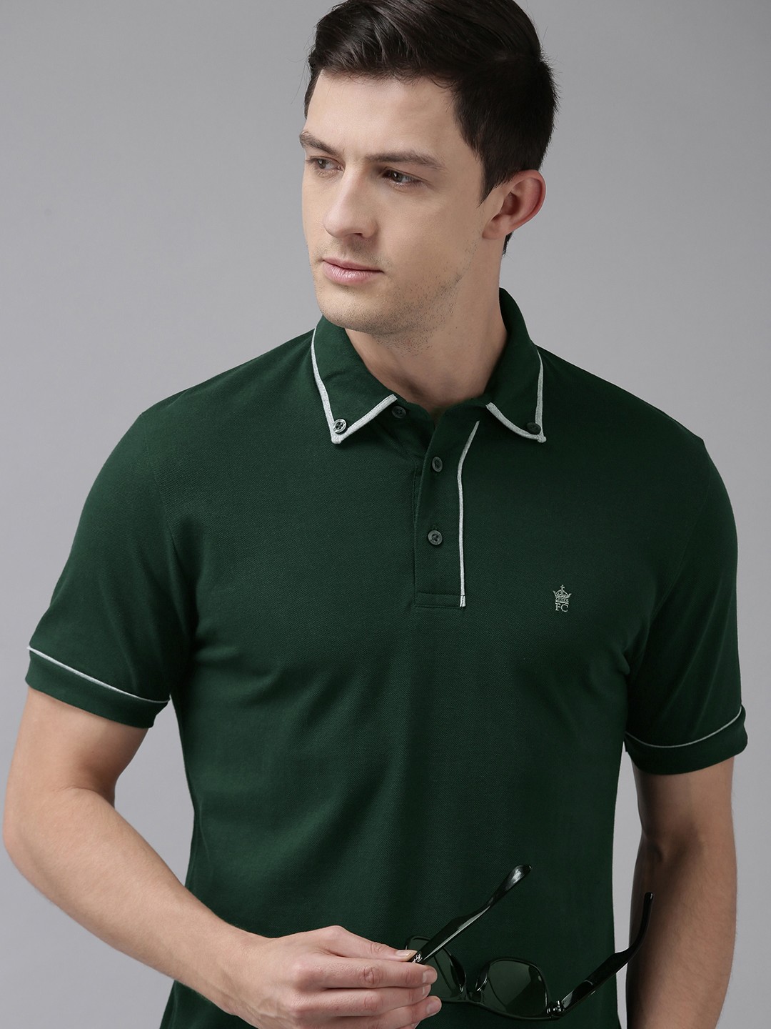 

French Connection Men Dark Green Brand Logo Printed Polo Collar Pure Cotton T-shirt