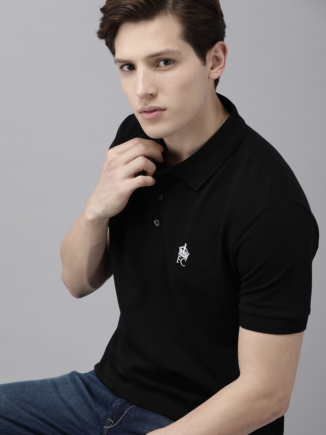 

French Connection Men Black Polo Collar Pure Cotton Slim Fit T-shirt With Small Logo Print