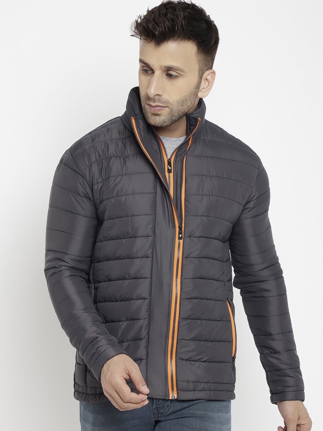 

PERFKT-U Men Grey Striped Lightweight Padded Jacket with Patchwork