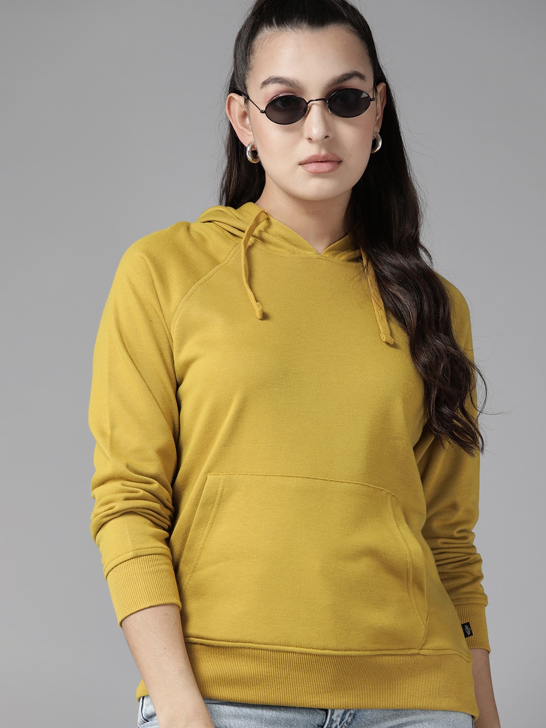 

The Roadster Lifestyle Co. Women Split kangaroo Pocket Hooded Sweatshirt, Mustard