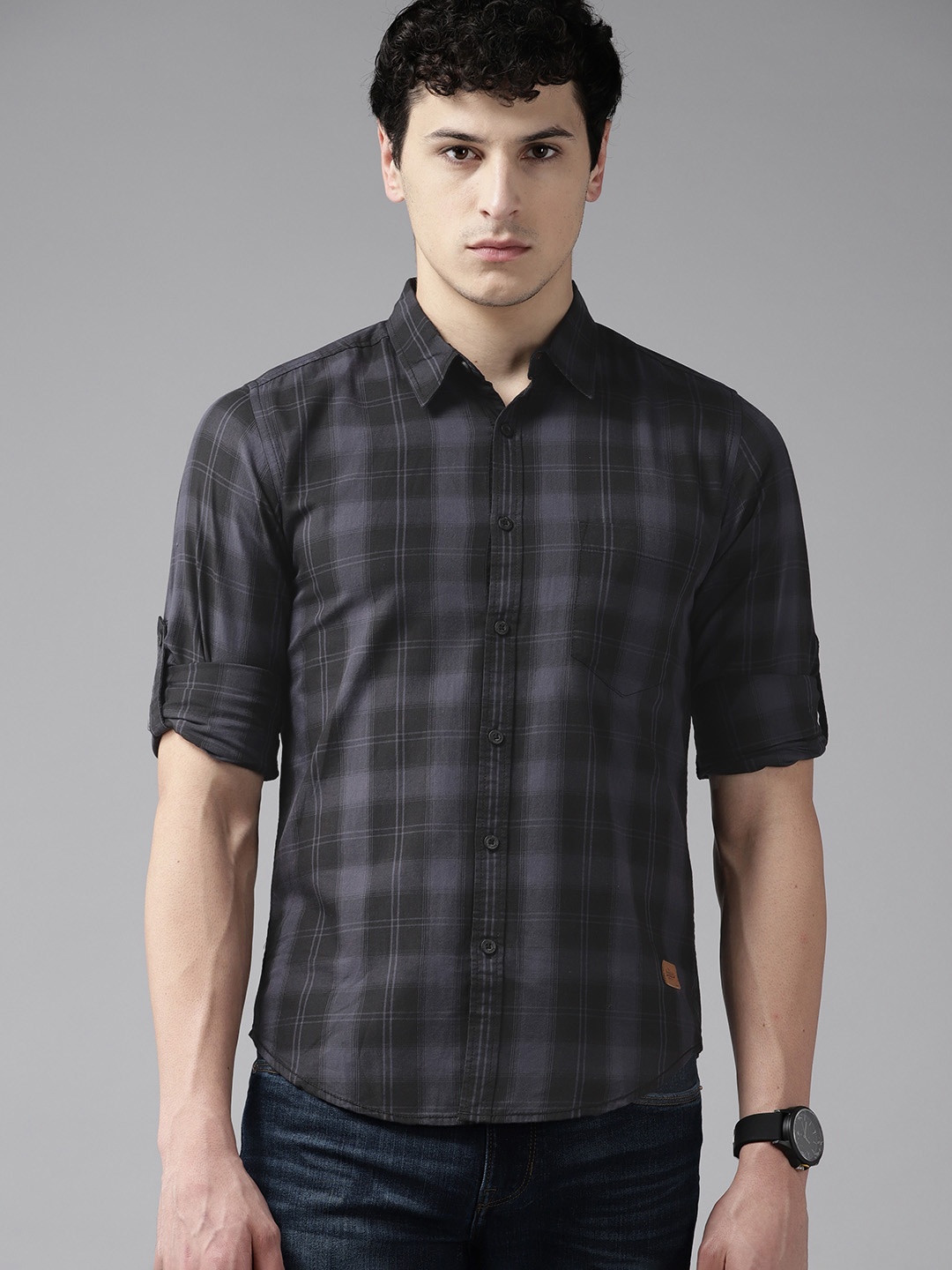 

The Roadster Lifestyle Co.Men Cotton Tartan Checked Casual Shirt, Charcoal