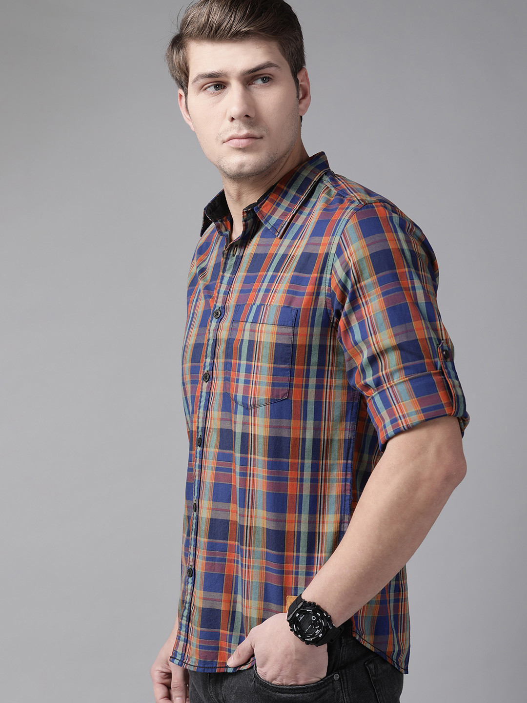 

Roadster Men Navy Blue & Orange Checked Pure Cotton Casual Shirt