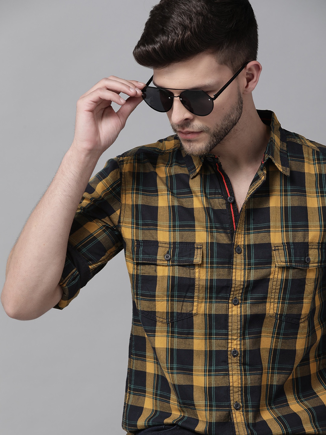 

Roadster Men Mustard Yellow & Navy Blue Checked Pure Cotton Casual Shirt