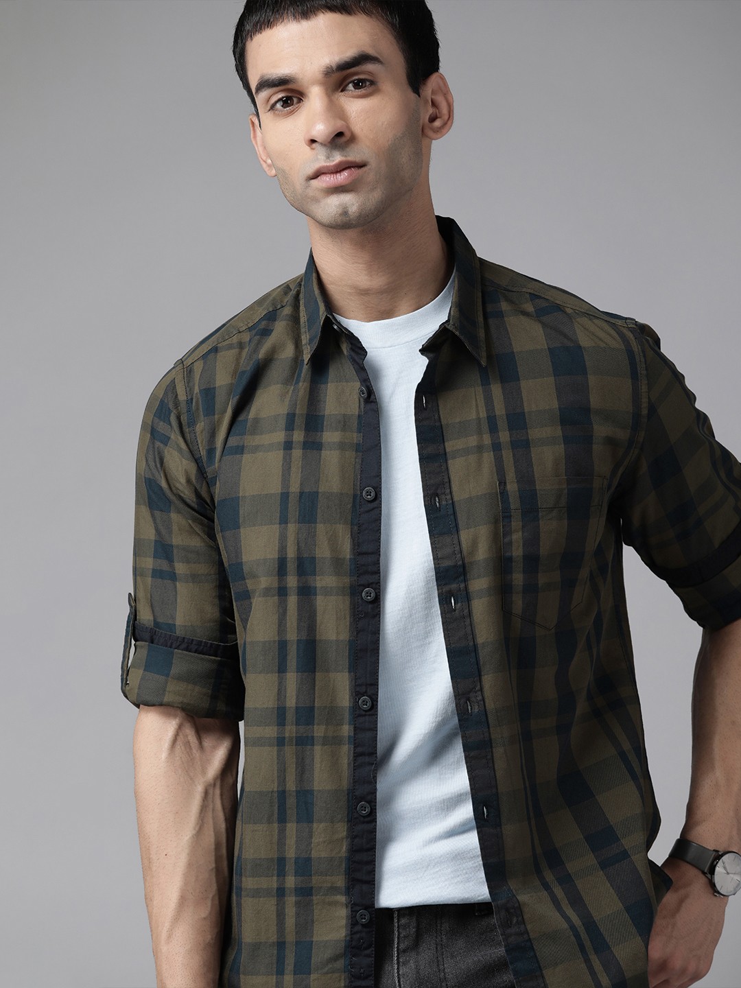 

Roadster Men Green Classic Gingham Checks Pure Cotton Opaque Checked Casual Shirt