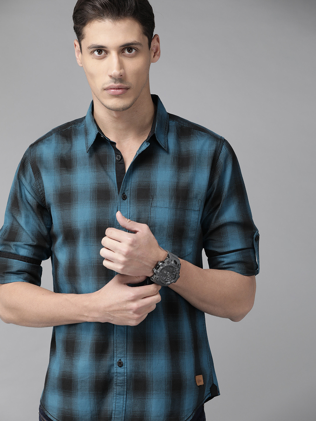 

Roadster Men Teal Blue & Black Tartan Checked Checked Pure Cotton Shirt