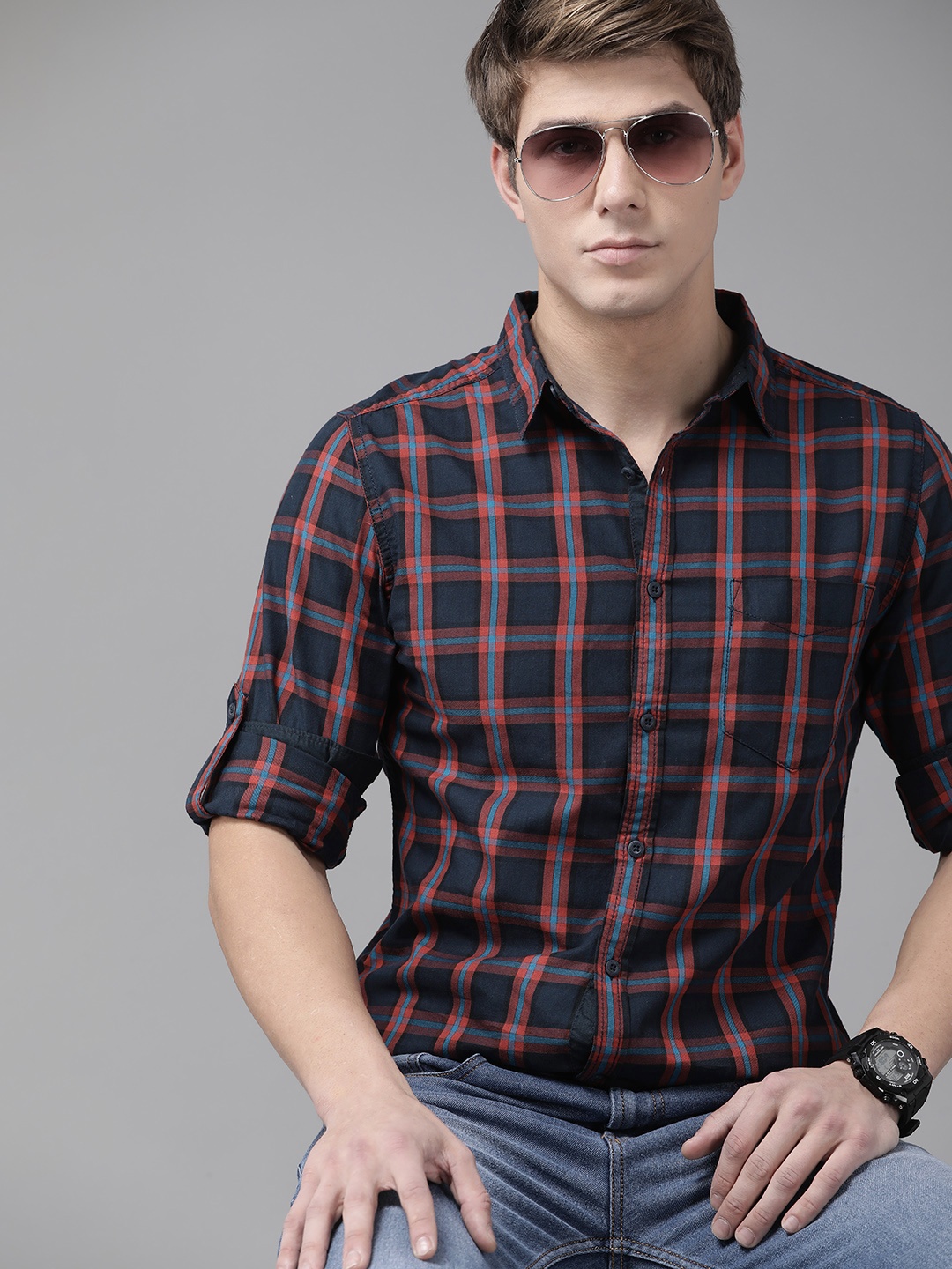 

Roadster Men Navy Blue Tartan Checks Checked Casual Shirt