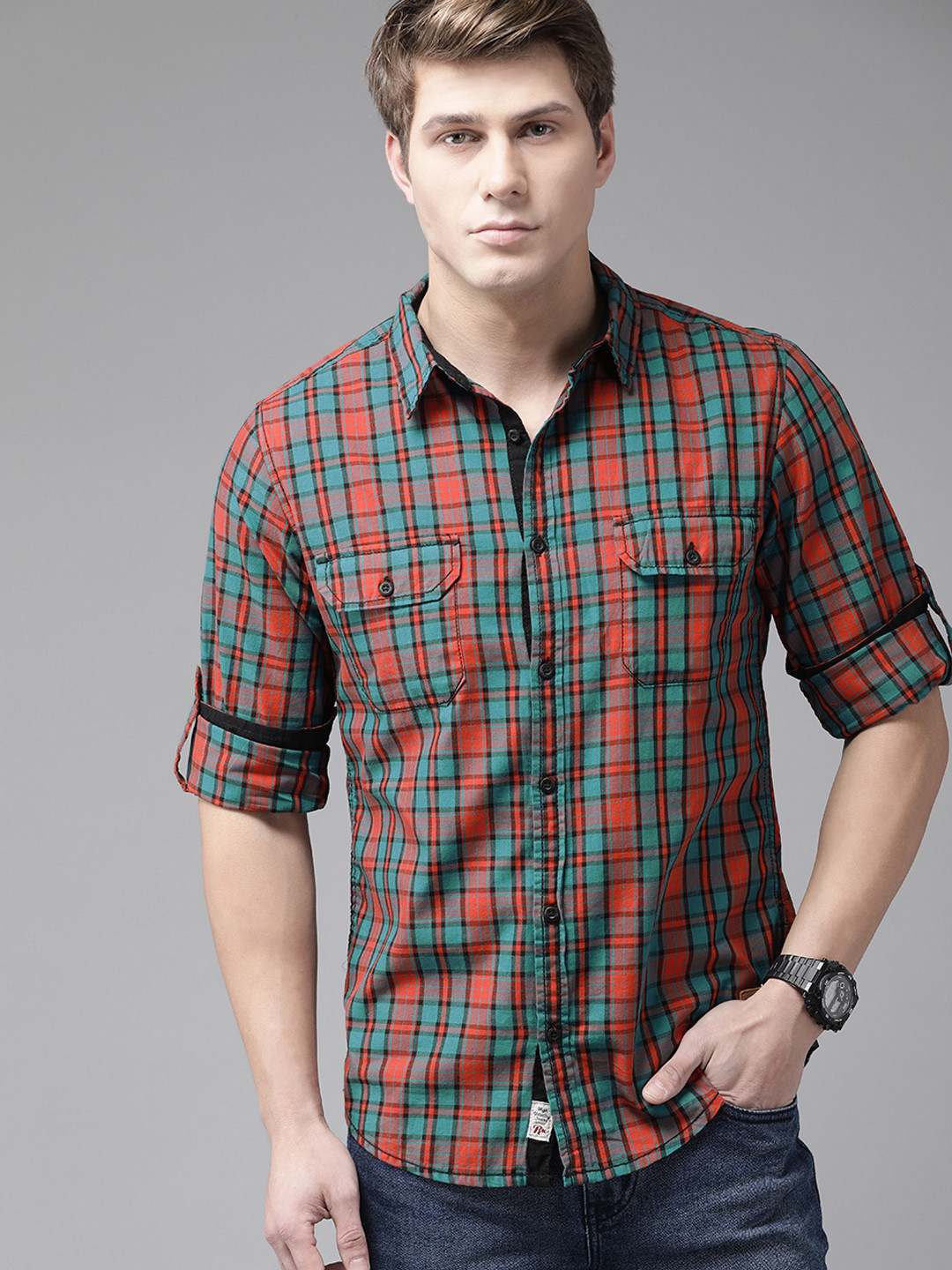 

Roadster Men Turquoise Blue Tartan Checks Pure Cotton Casual Shirt